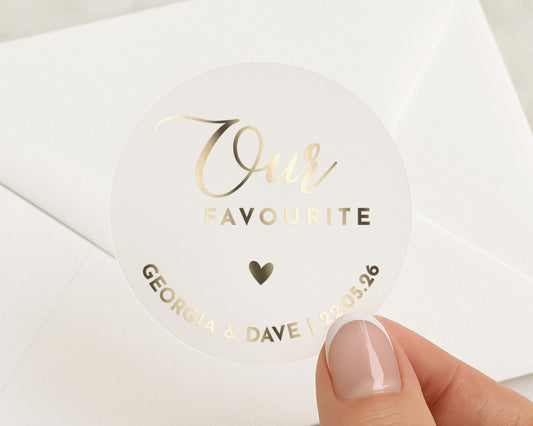 Wedding Envelope Seal, Gold Foil Sticker, Personalised Wedding Sticker, Our Favourite Sticker, Custom Wedding Label, Heart Envelope Seal