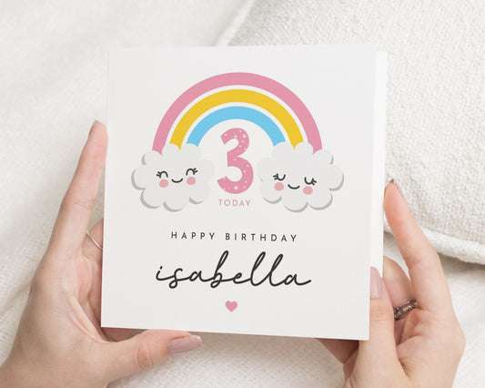 3rd Birthday Card for Girl, Personalised Rainbow Birthday Card, Cute Birthday Card for Daughter, Third Birthday Card, Kids Birthday Card