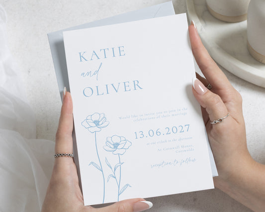 Dusty Blue Floral Wedding Invitations, Minimalist Wedding Invite, Elegant Botanical Wedding Stationery, Personalised Invitation Suite