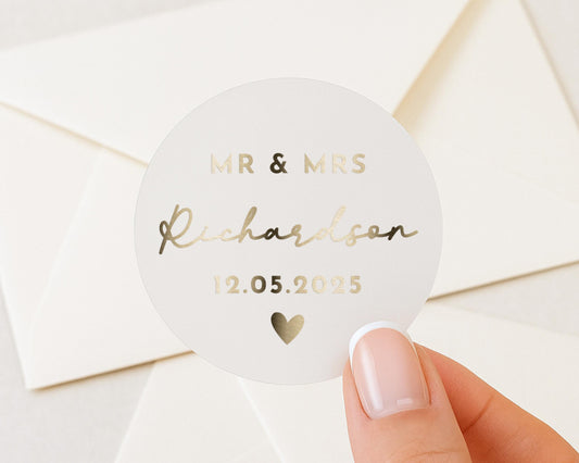 Personalised Wedding Sticker, Mr And Mrs Wedding Seal, Custom Name Wedding Sticker, Gold Foil Wedding Envelope Seal, Wedding Favour Sticker