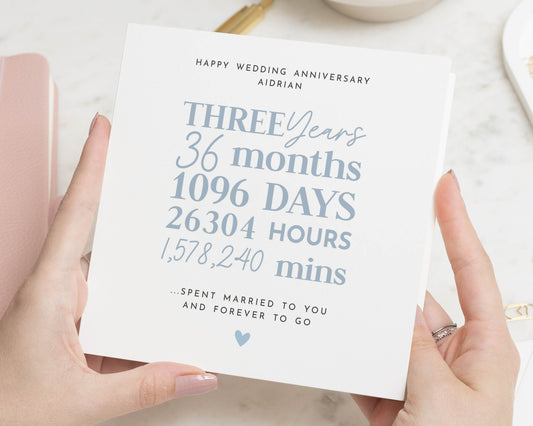 Anniversary Card for Husband, Wife, Personalised 3rd Anniversary Card, Three Years Married Card, Wedding Anniversary Card