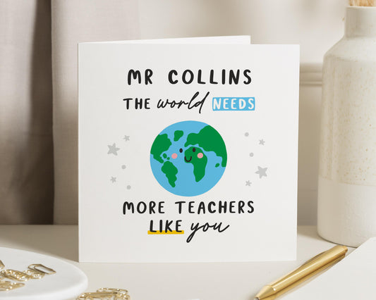 Teacher Thank You Card, Thank You Card for Teacher, Personalised Teacher Card, End of Term Card, Thank You Card for Him, World Design
