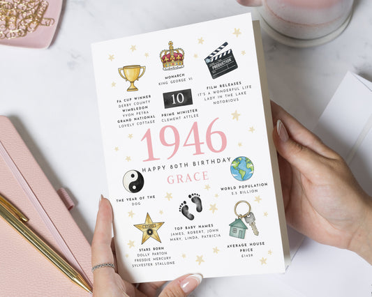 80th Birthday Card, Personalised 80th Birthday Card, Born in 1946 Card, 80th Birthday Card for Her, Mum, Grandma, Dad or Grandad