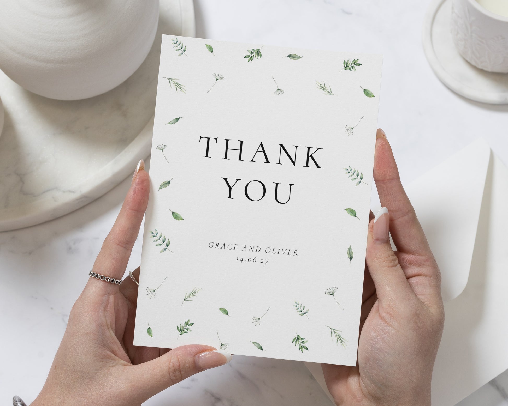 Personalised Wedding Thank You Cards, Folded Wedding Thank You Cards, Greenery Thank You Cards, Minimal Thank You Card for Wedding