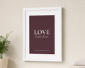 Personalised Love Lives Here Print, Burgundy Wall Art, Family Name Print, New Home Gift, House Warming Gift, White Framed Print