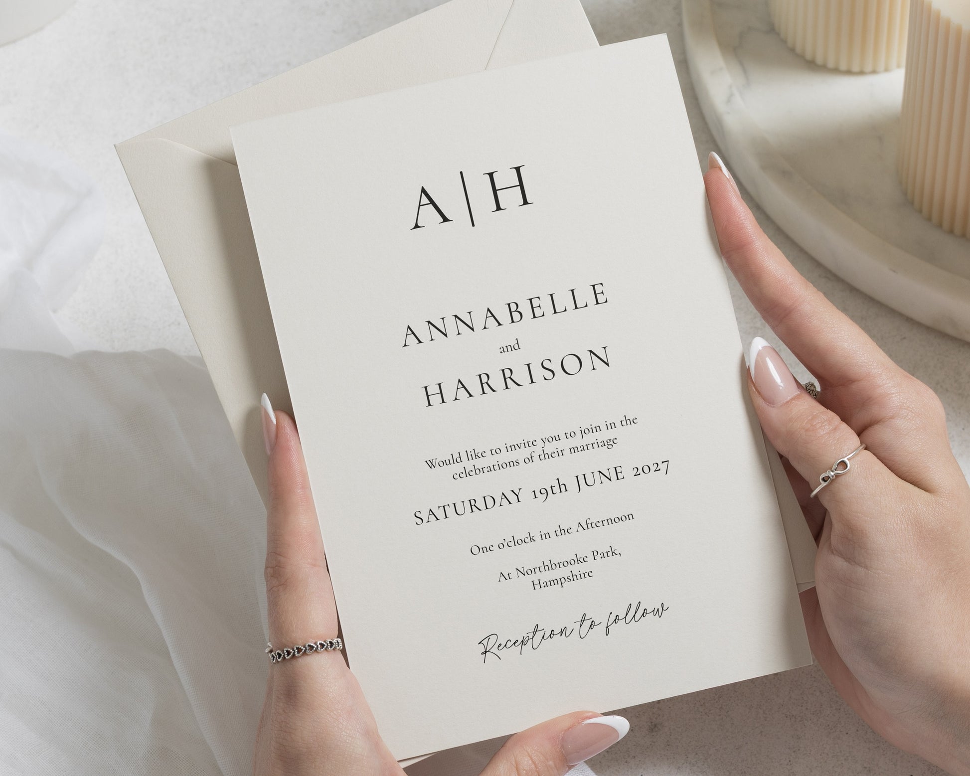 Warm Ivory Wedding Invitations, Matching Ivory Envelopes, Minimalist Monogram Wedding Invites, Elegant Typography Wedding Stationery