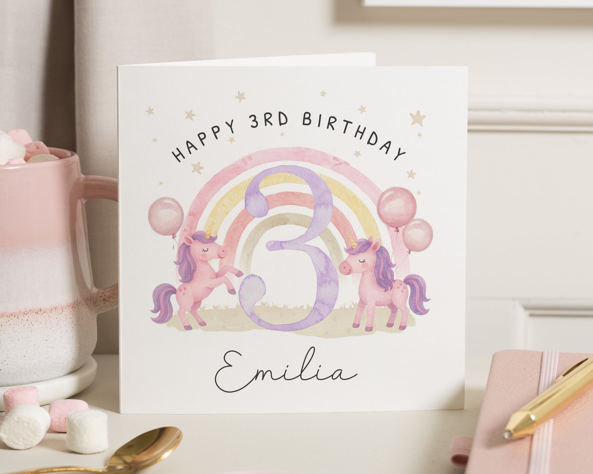3rd Birthday Card for Girl, Personalised Unicorn Birthday Card, Birthday Card for Daughter, Rainbow Birthday Card, Age 3 Card