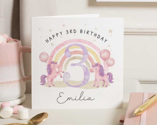 3rd Birthday Card for Girl, Personalised Unicorn Birthday Card, Birthday Card for Daughter, Rainbow Birthday Card, Age 3 Card