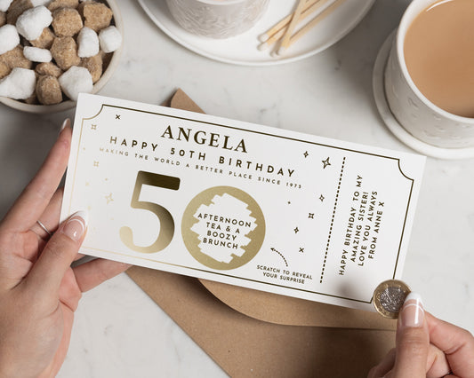 Personalised 50th Birthday Gift Voucher, Afternoon Tea Brunch, Scratch To Reveal, Gold Foil, Birthday Gift For Her