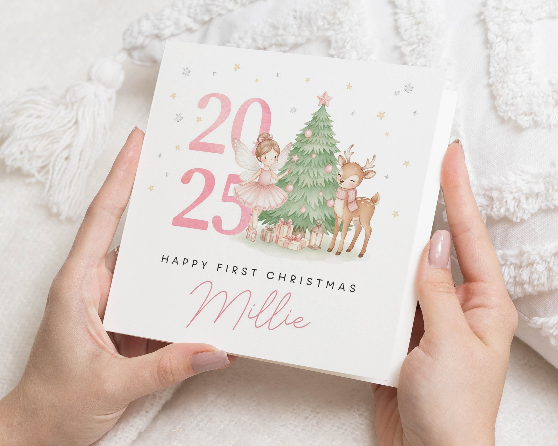 First Christmas Card for Girl, Personalised Baby Christmas Card, Fairy and Reindeer Card, 2025 Christmas Card, Happy First Christmas