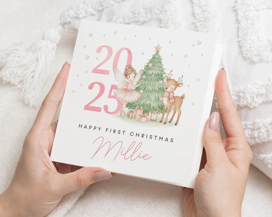 First Christmas Card for Girl, Personalised Baby Christmas Card, Fairy and Reindeer Card, 2025 Christmas Card, Happy First Christmas