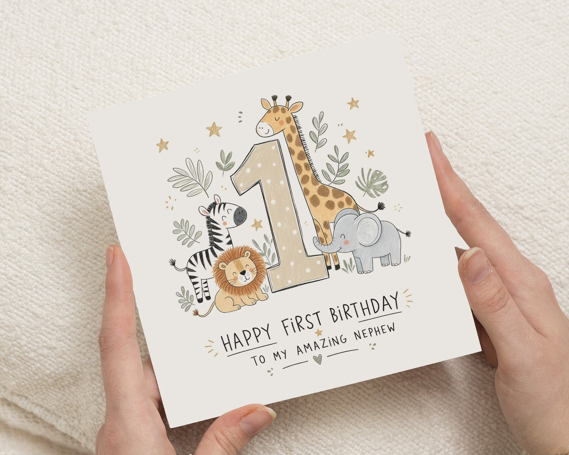 1st Birthday Card for Nephew, First Birthday Card, Safari Birthday Card for Boy, Personalised Birthday Card, Jungle Animal Card