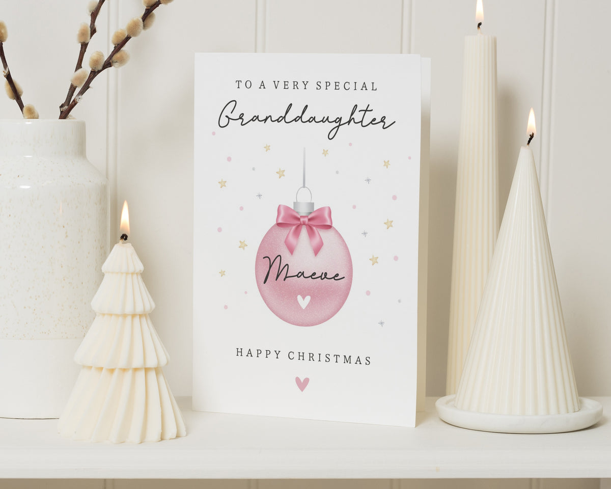 Personalised Christmas Card for Granddaughter, Granddaughter Christmas Card, Custom Xmas Card for Her, Pink Bauble Christmas Card
