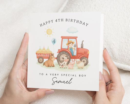 4th Birthday Card for Boy, Personalised Farm Birthday Card, Tractor Birthday Card, Special Boy Birthday Card, Animal Birthday Card