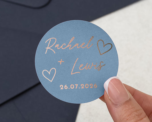 Personalised Wedding Sticker, Custom Names Wedding Label, Blue and Rose Gold Foil, Wedding Envelope Seal, Wedding Favour Sticker