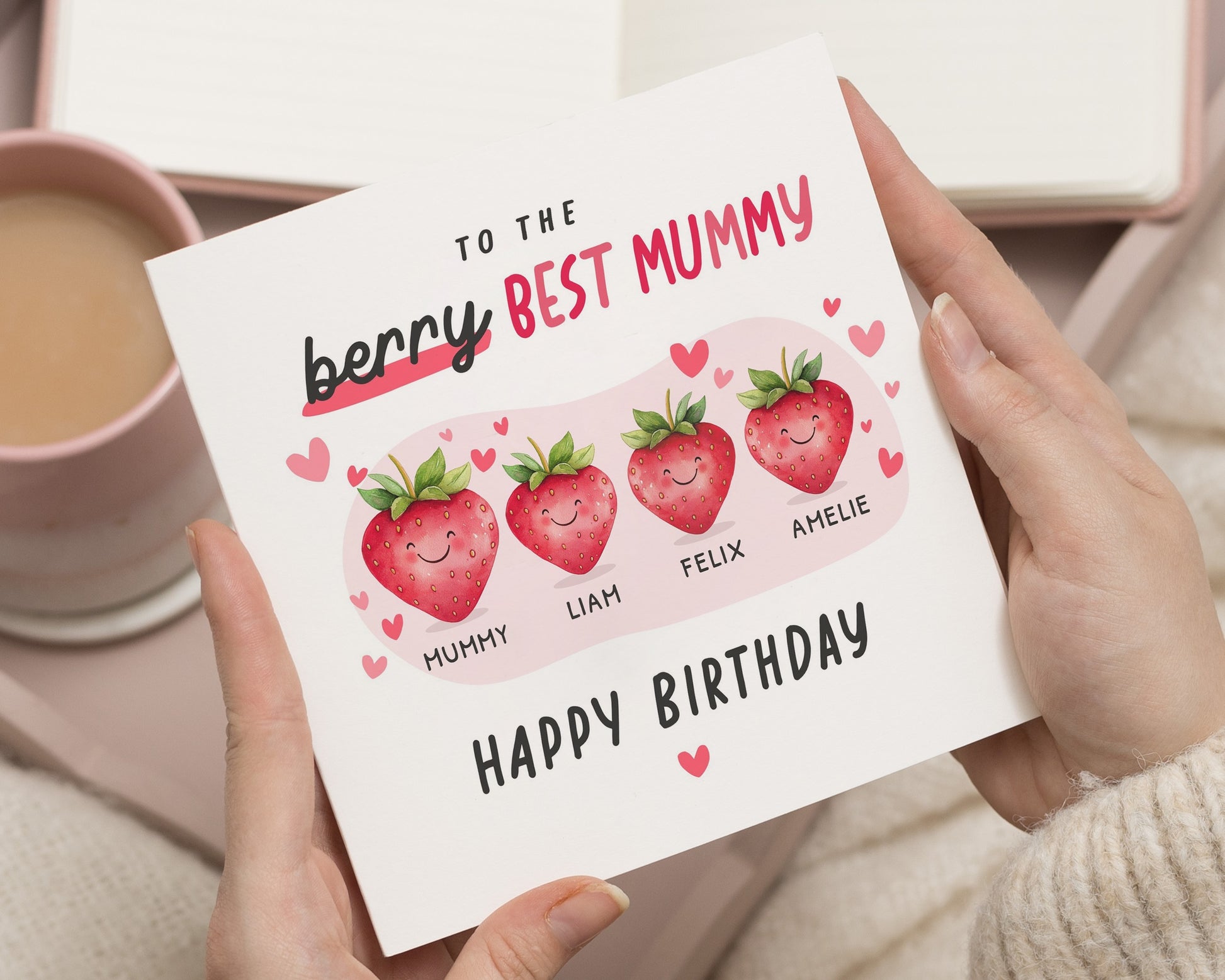 Birthday Card for Mum, Personalised Birthday Card for Mummy, Cute Strawberry Birthday Card, Birthday Card from Kids, Best Mum Card
