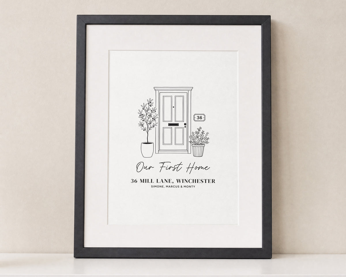 Personalised First Home Print, New Home Gift, Front Door Line Art, Address Print, House Warming Gift, Black Framed Print