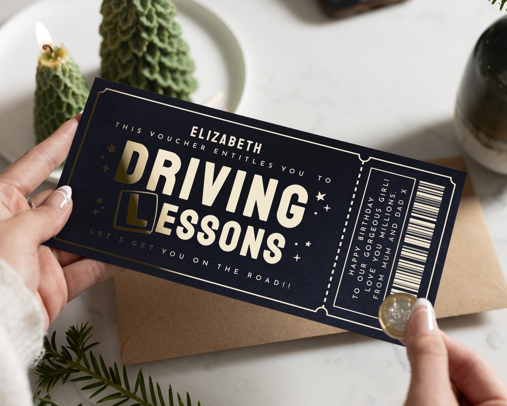 Personalised Driving Lessons Gift Voucher, Driving Gift For Her, Gold Foil Scratch To Reveal, Birthday Gift For Daughter