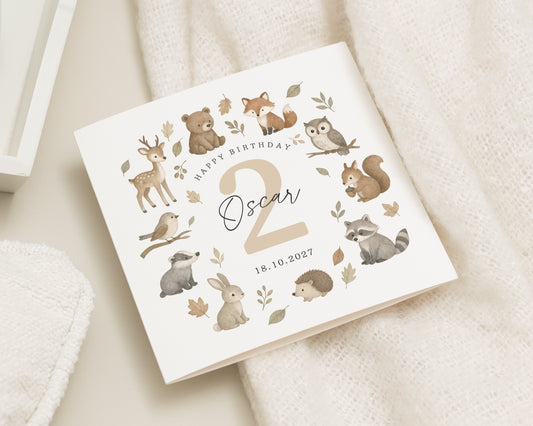 2nd Birthday Card for Boy, Personalised Second Birthday Card, Woodland Animal Birthday Card, Birthday Card for Girl, Cute Kids Card