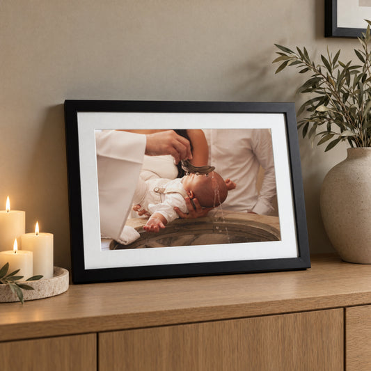 Personalised Baptism Photo Print From Your Photo, Custom Framed Print, Christening Gift, New Baby Gift, Black Framed Print with Mount