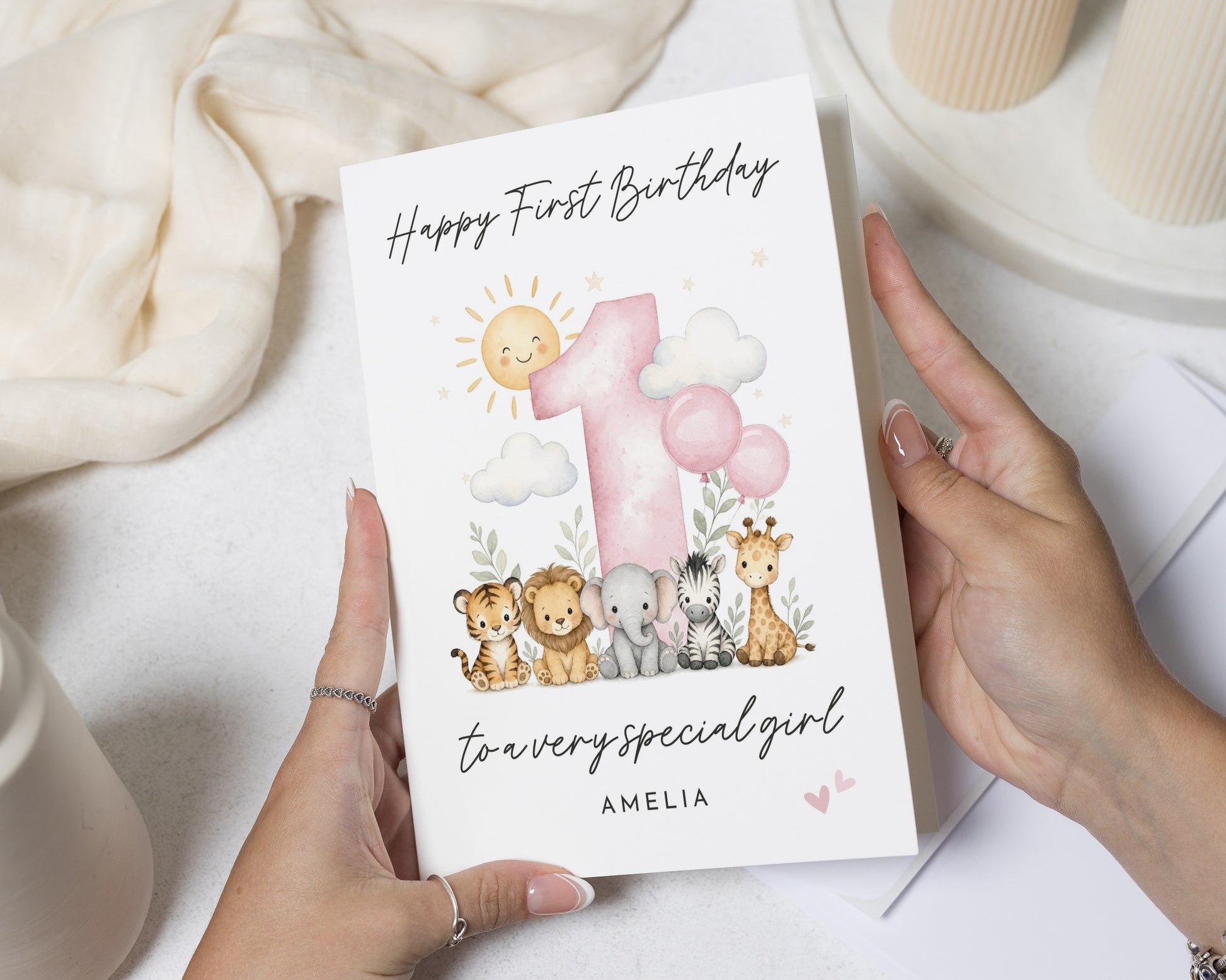 First Birthday Card for Girl, 1st Birthday Card for Daughter, Personalised Birthday Card, Safari Birthday Card, Granddaughter Card