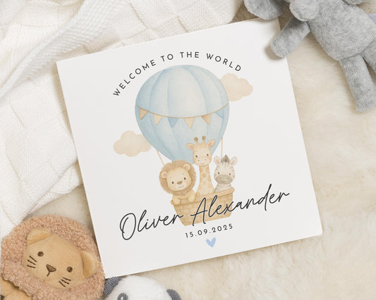 New Baby Card, Personalised Baby Card, Hot Air Balloon Card, Safari Animal Card, Welcome To The World Card, Baby Boy Card, Baby Girl Card