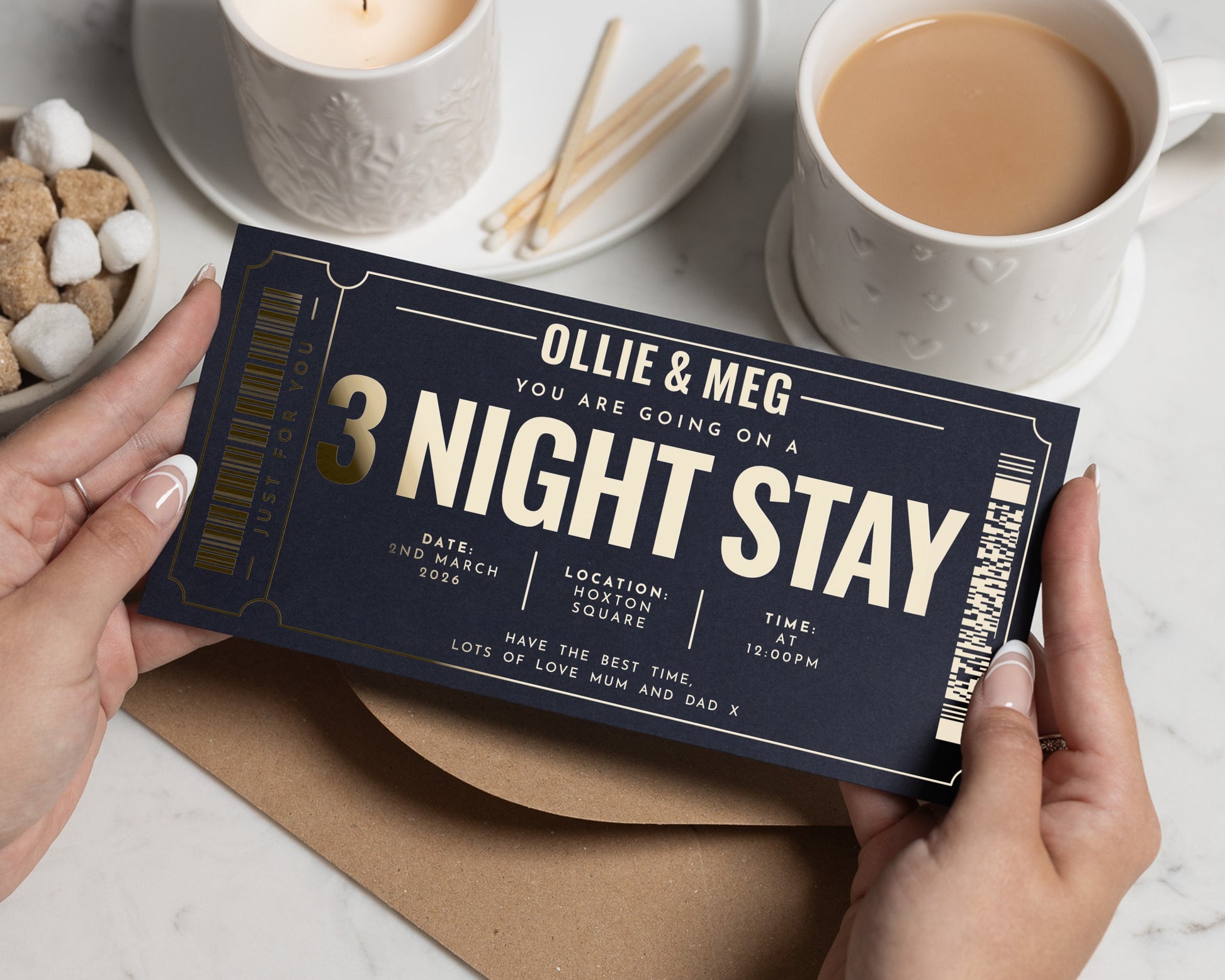 Personalised 3 Night Stay Gift Voucher, Weekend Away Gift, Holiday Reveal, Custom Gold Foil Ticket, Gift Experience for Him or Her