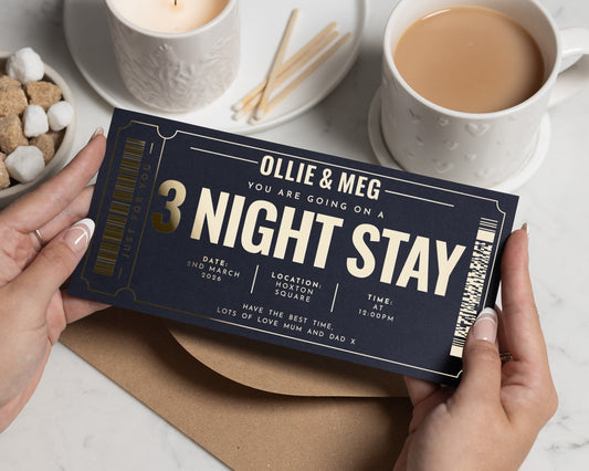 Personalised 3 Night Stay Gift Voucher, Weekend Away Gift, Holiday Reveal, Custom Gold Foil Ticket, Gift Experience for Him or Her