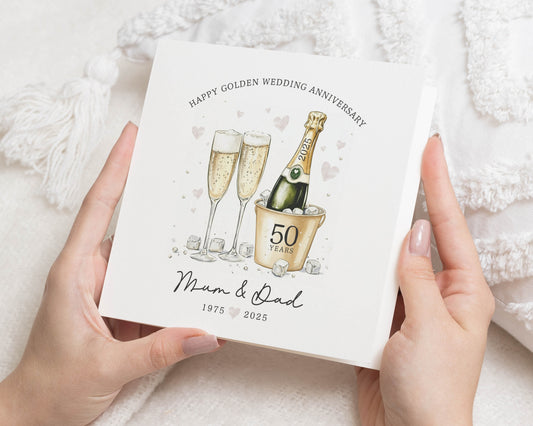 Golden Wedding Anniversary Card, 50th Anniversary Card for Mum and Dad, Personalised Anniversary Card, Champagne Anniversary Card