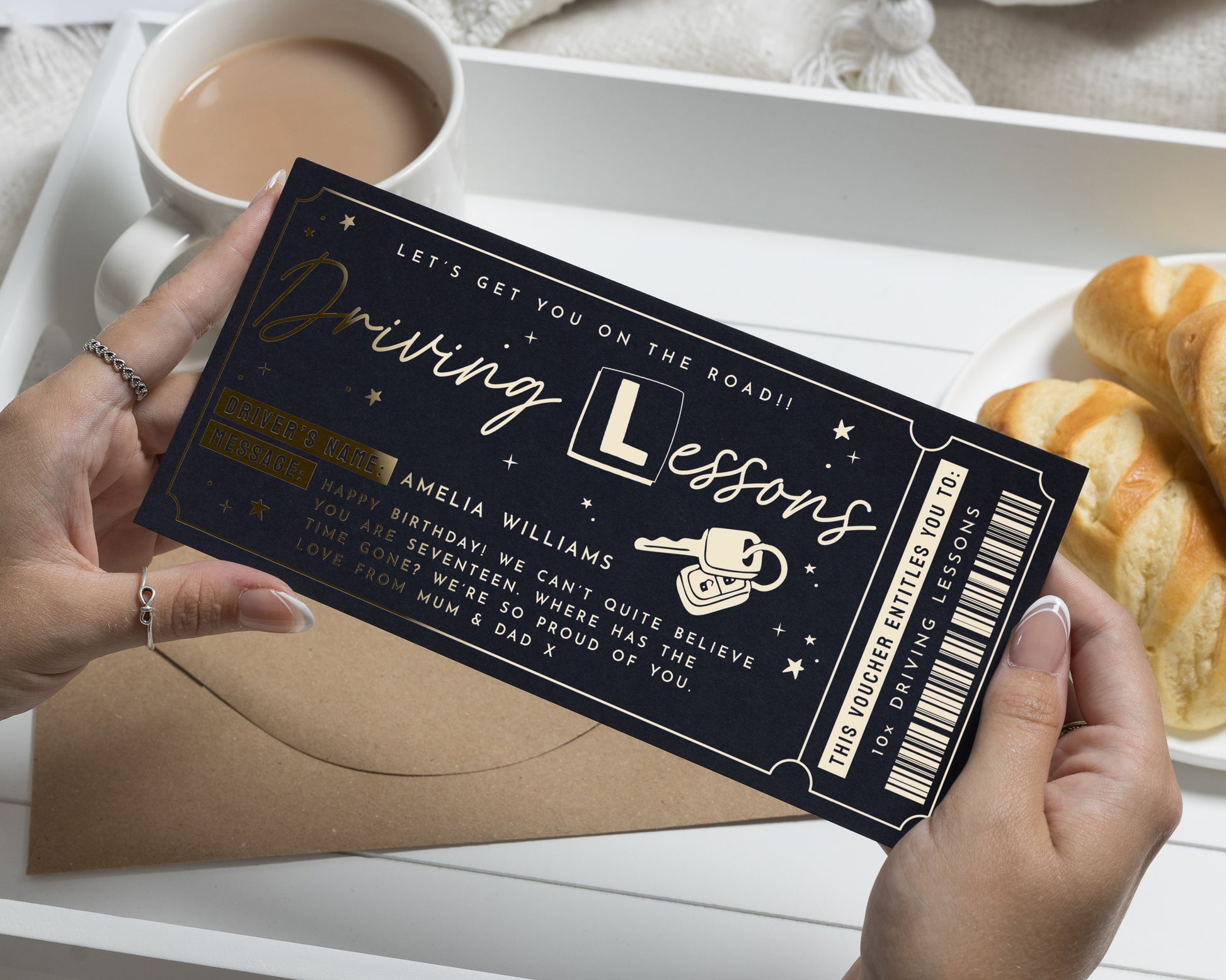 Personalised Driving Lesson Gift Voucher, Gold Foil, Birthday Gift for Daughter, Son, Custom Driving Lessons Voucher