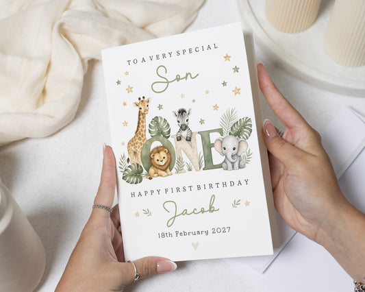 1st Birthday Card for Son, First Birthday Card, Personalised Birthday Card for Boy, Safari Birthday Card, One Today Card, Jungle Card