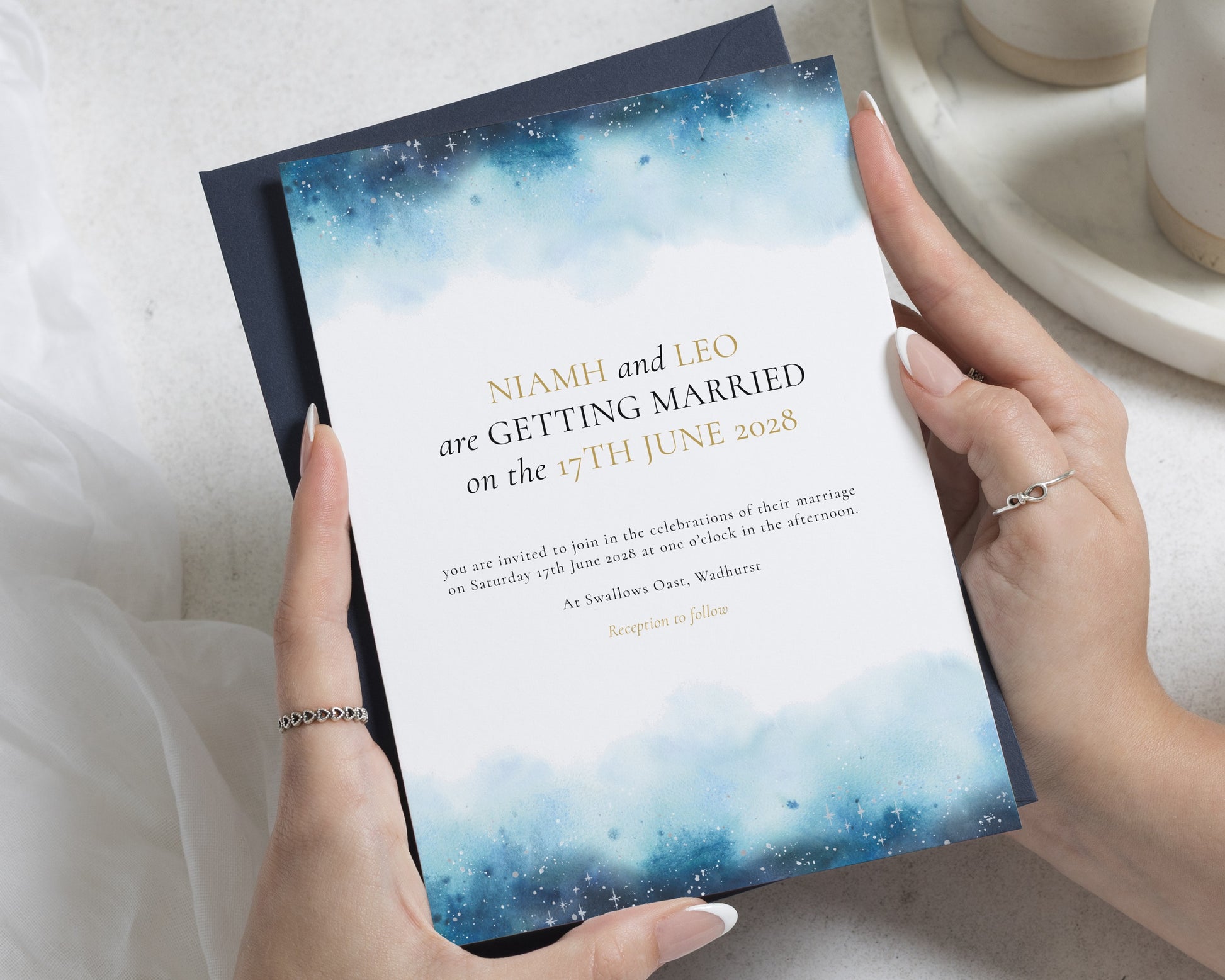 Starry Night Wedding Invitations, Navy Blue Watercolour Wedding Invite, Celestial Invitation Suite, Personalised Wedding Stationery