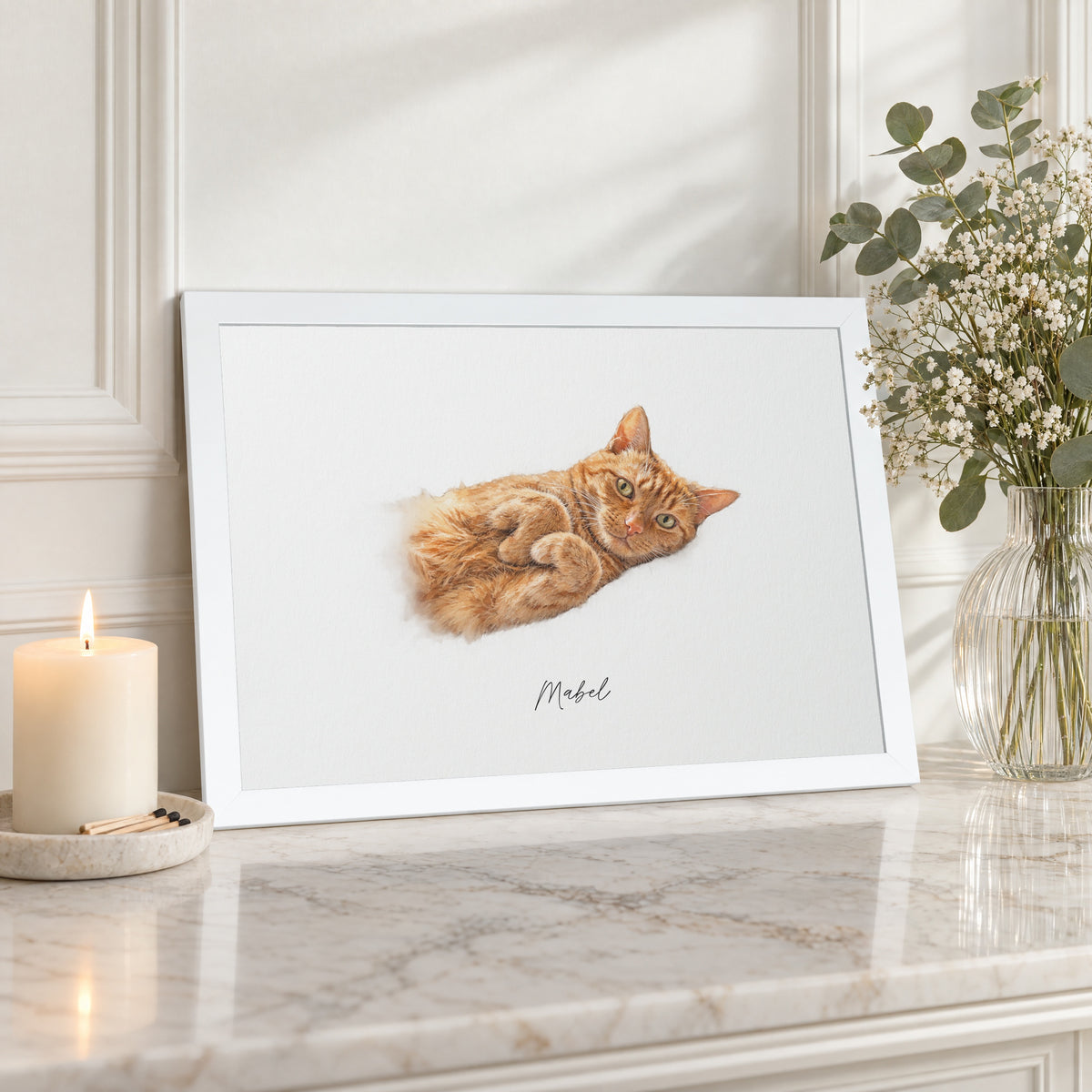 Personalised Cat Portrait From Your Photo, Custom Pet Name Print, Watercolour Pet Portrait, Cat Lover Gift, White Framed Wall Art