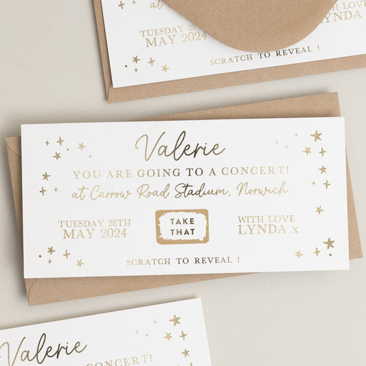 Personalised Gold Foil Scratch Gift Voucher, Coldplay Gig Ticket Gift Voucher, Scratch Reveal Gift, Scratch To Reveal, Gig Ticket