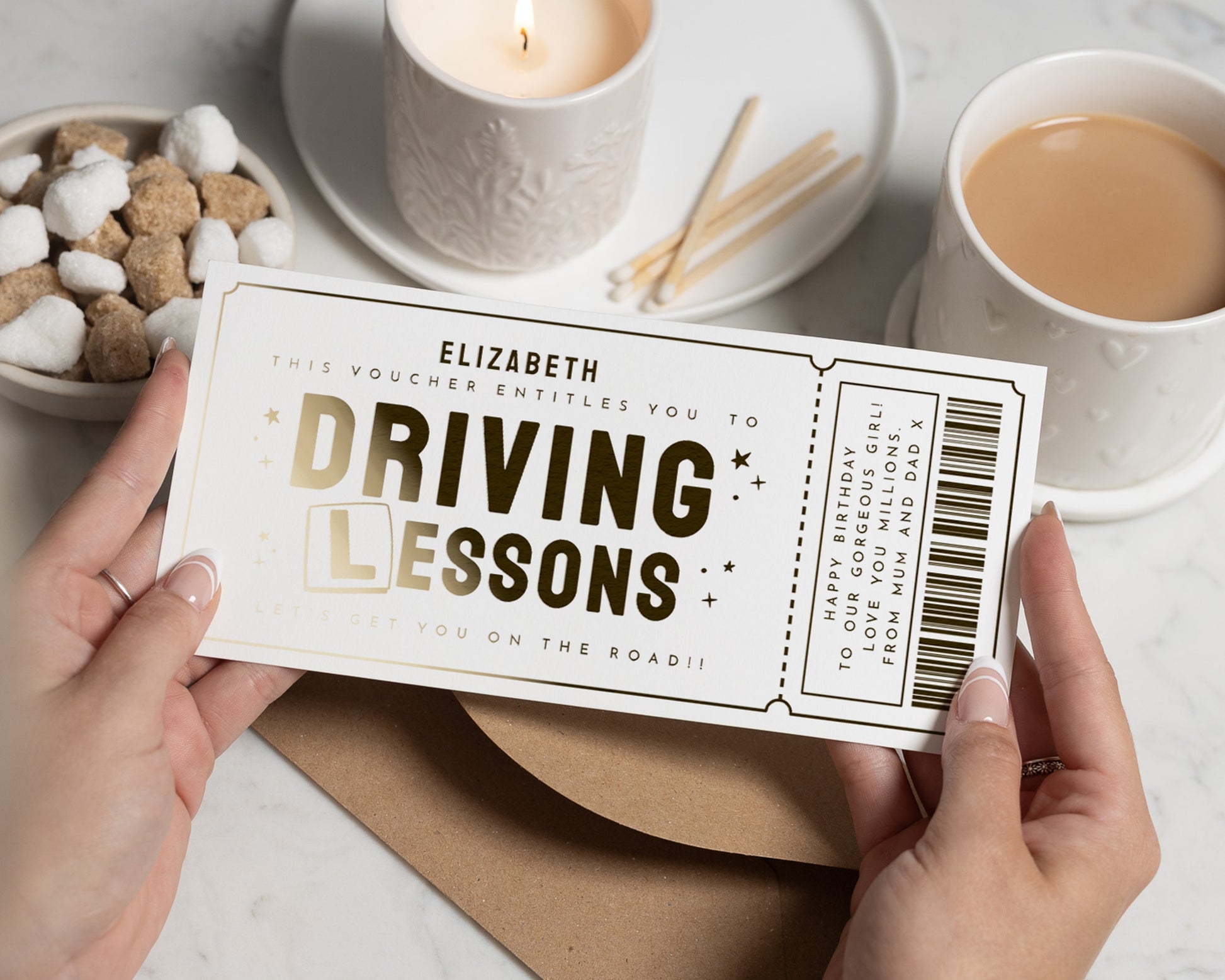 Personalised Driving Lessons Gift Voucher, Gold Foil Gift For Her Or Him, Custom Driving Gift, Scratch To Reveal