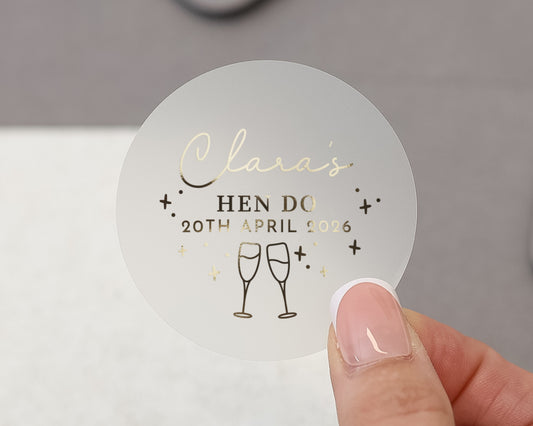 Hen Do Sticker, Personalised Hen Party Sticker, Custom Name Sticker, Gold Foil Hen Do Label, Bridal Shower Sticker, Champagne Glass Sticker