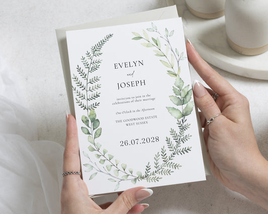 Botanical Wedding Invitations, Greenery Wedding Invite, Sage Green Watercolour Invitation Suite, Elegant Personalised Wedding Stationery