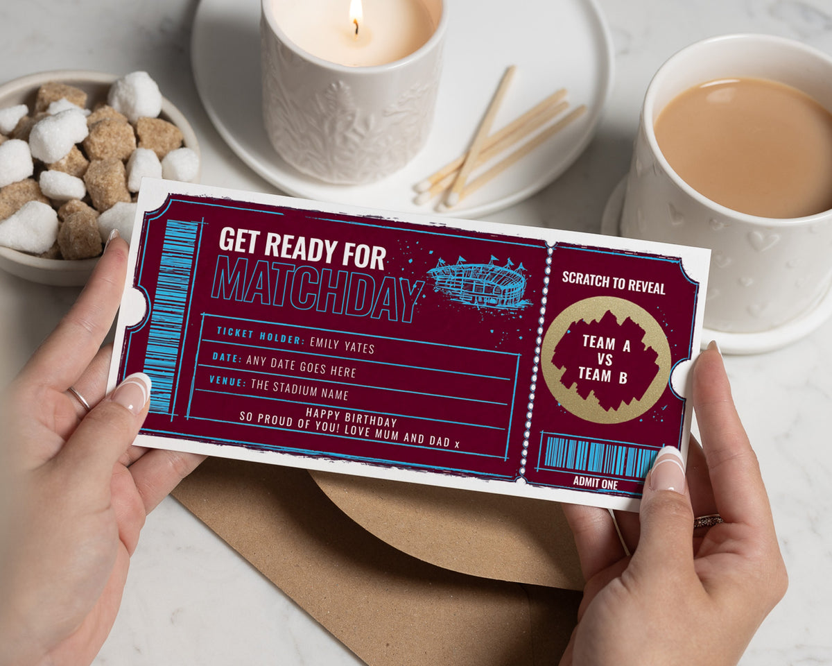 Football Match Gift Voucher, Scratch to Reveal Matchday Ticket, Personalised Birthday Gift Voucher, Football Ticket Gift