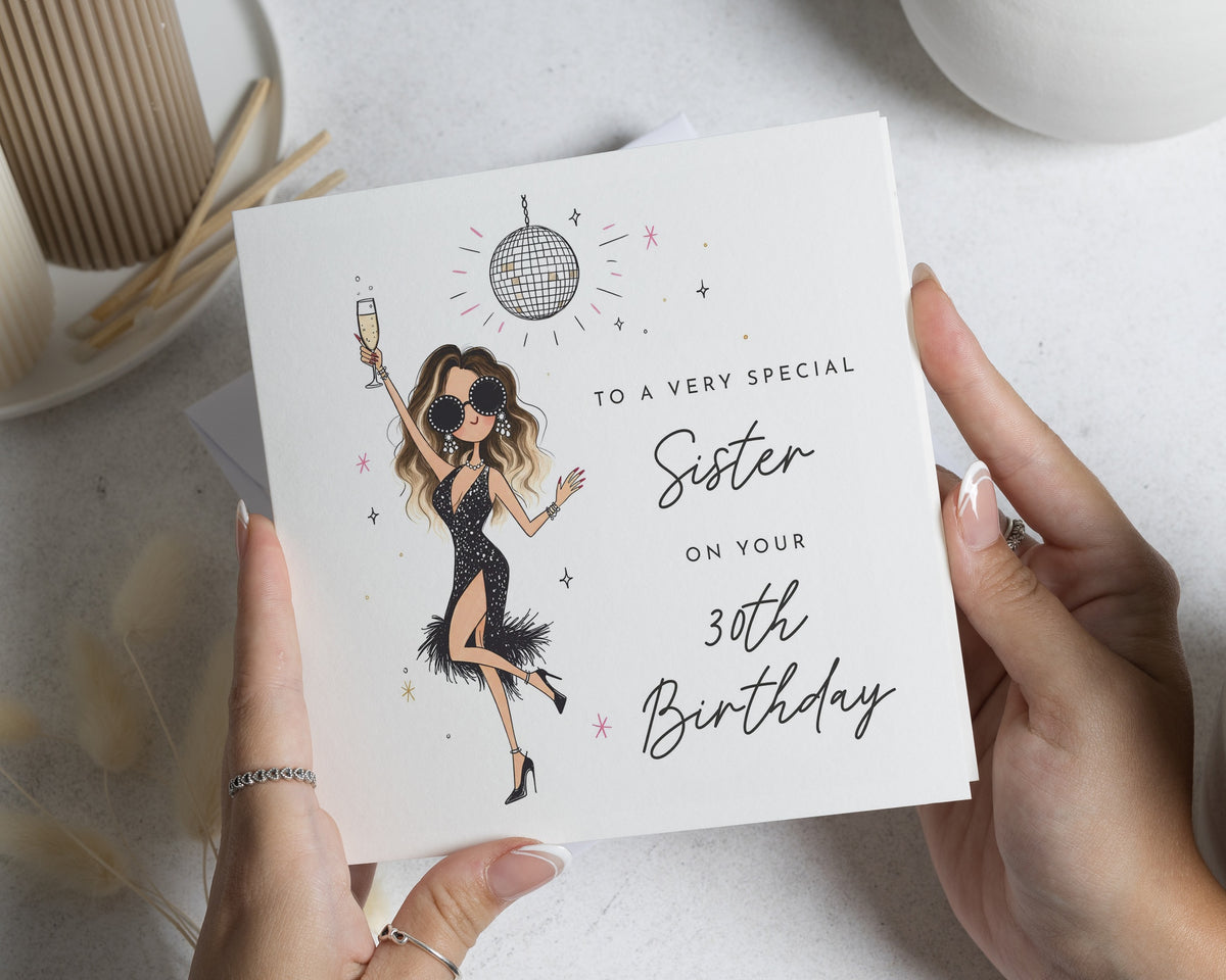 30th Birthday Card for Sister, Sister 30th Birthday Card, Birthday Card for Her, Milestone Birthday Card, Disco Champagne Card, Party Card