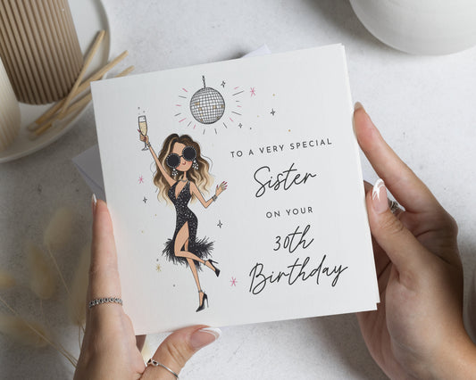 30th Birthday Card for Sister, Sister 30th Birthday Card, Birthday Card for Her, Milestone Birthday Card, Disco Champagne Card, Party Card