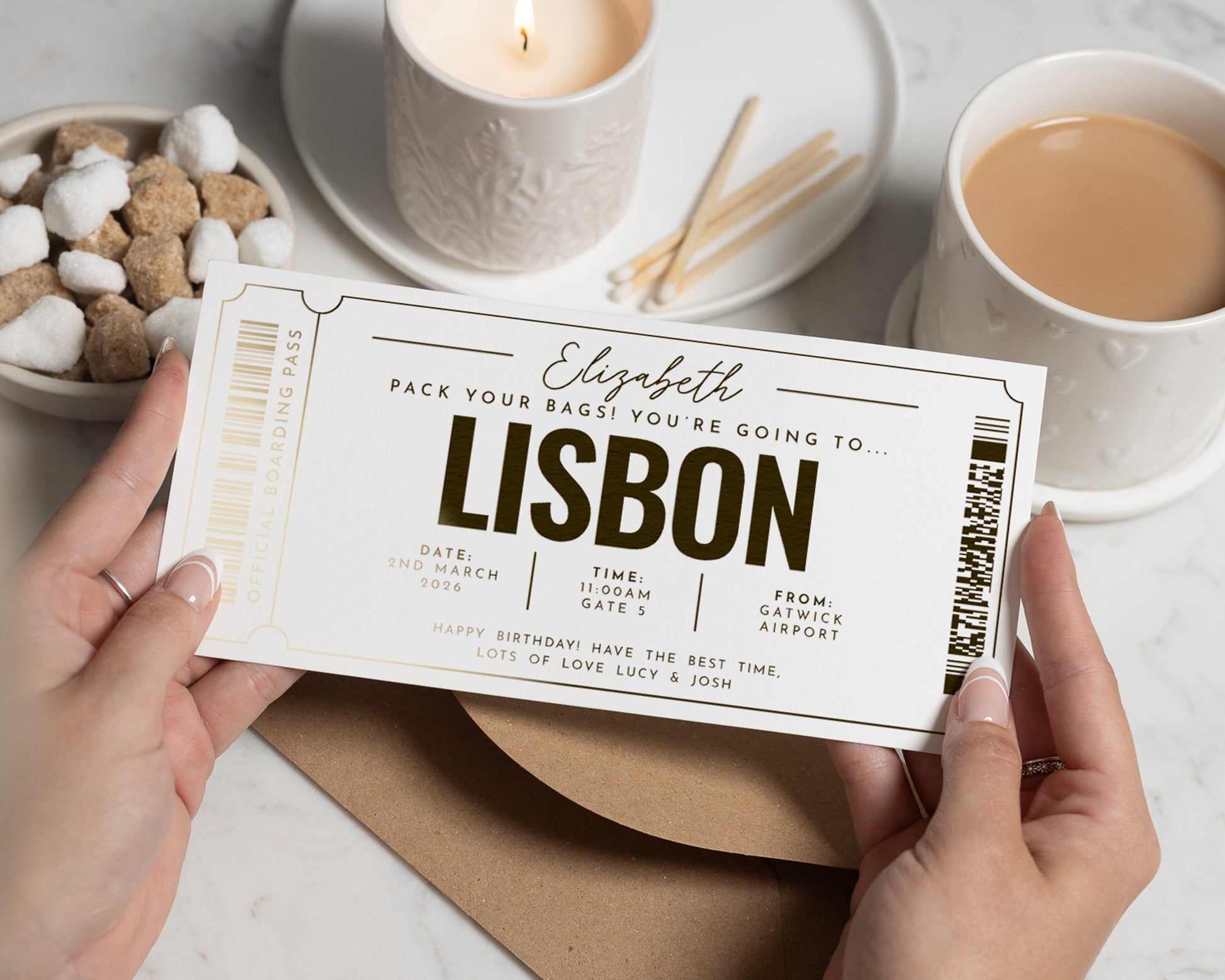Personalised Lisbon Holiday Reveal Ticket, Pack Your Bags Gift Voucher, Lisbon Trip, Birthday Surprise, Gold Foil Boarding Pass