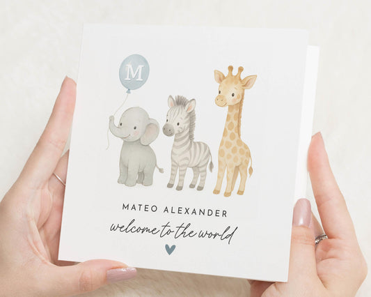 New Baby Card, Personalised Baby Card, Welcome To The World Card, Baby Boy Card, Safari Animal Card, Elephant Giraffe Zebra Card