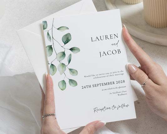 Greenery Wedding Invitations, Botanical Wedding Invite, Elegant Eucalyptus Invitation Suite, Personalised Minimal Wedding Stationery