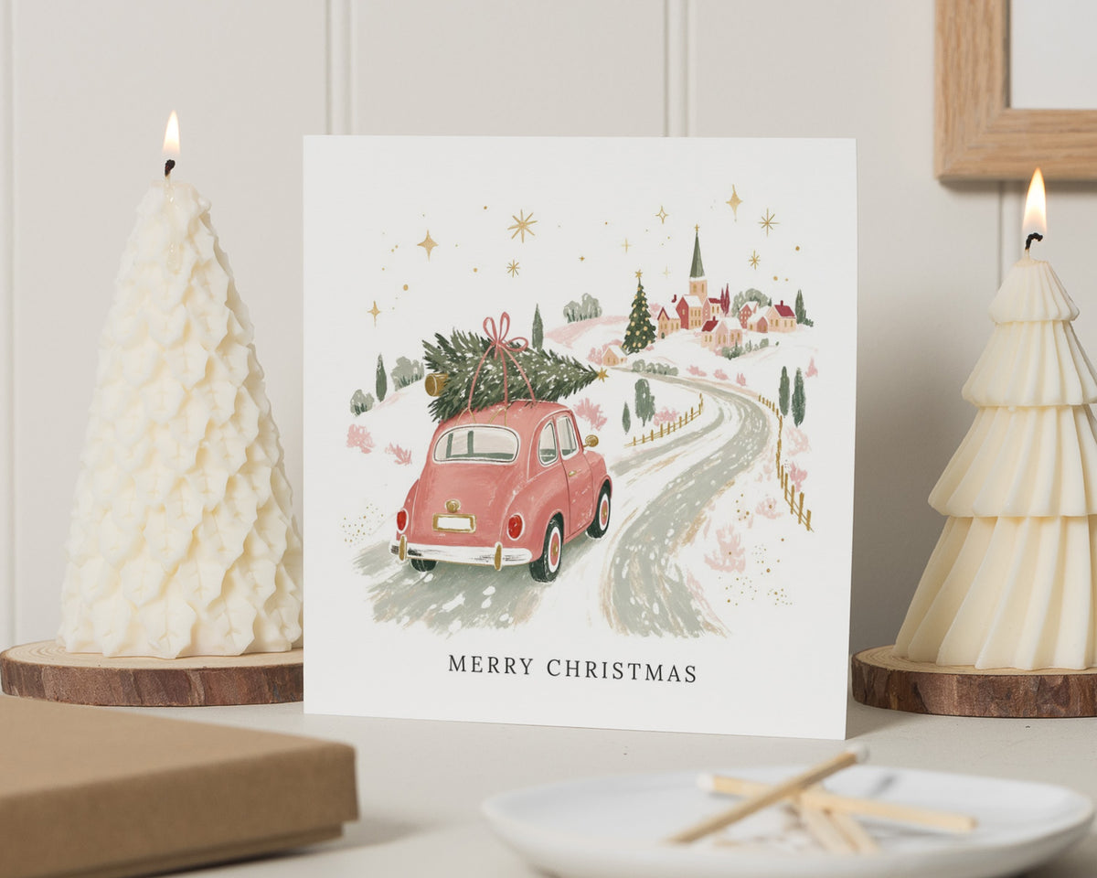 Christmas Card, Merry Christmas Card, Christmas Cards, Festive Greeting Card, Cute Christmas Card, Vintage Car Card, Illustrated Xmas Card