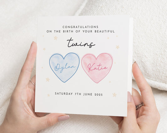 Twins New Baby Card, Personalised New Baby Card, Congratulations Card for Twins, Baby Boy and Girl Card, Birth of Twins Card