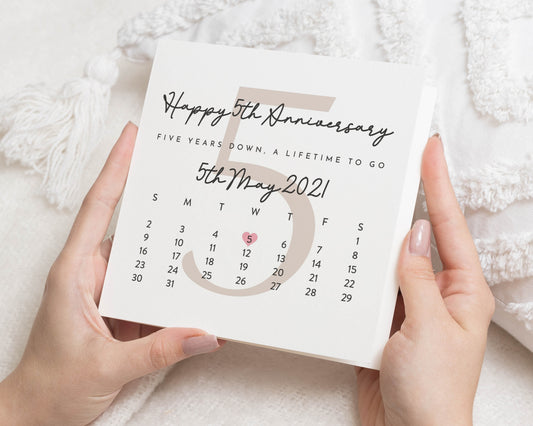 5th Anniversary Card, Fifth Anniversary Card, Personalised Anniversary Card, Anniversary Card for Husband, Wife, Couple, Calendar Card