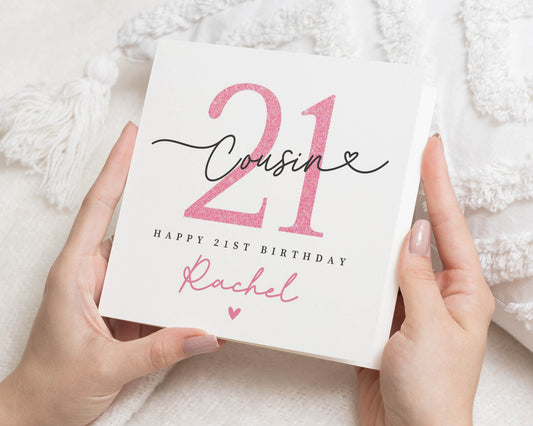 21st Birthday Card for Cousin, Personalised 21st Birthday Card, Birthday Card for Her, Custom Cousin Card, Pink Glitter Effect Card