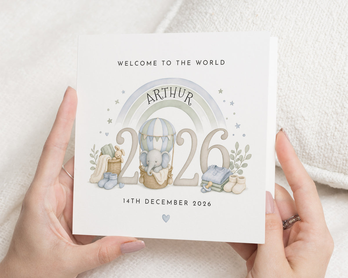 Personalised New Baby Card, Welcome to the World Card, Elephant Newborn Card, Custom Baby Name and Date Card