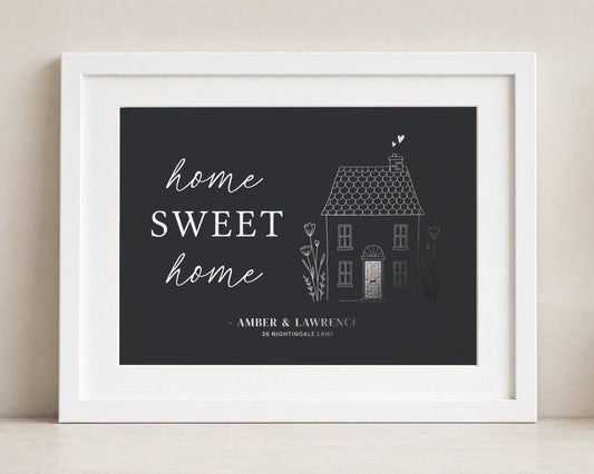 Personalised New Home Print, Black Wall Art, Home Sweet Home Print, House Warming Gift, Custom Address Print, White Framed Print