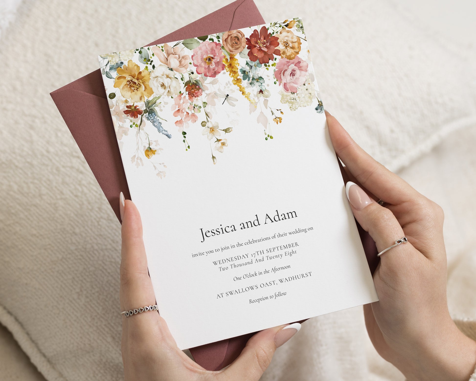 Wildflower Wedding Invitations, Floral Wedding Invite, Watercolour Botanical Invitation Suite, Garden Wedding Stationery, Pink Envelope